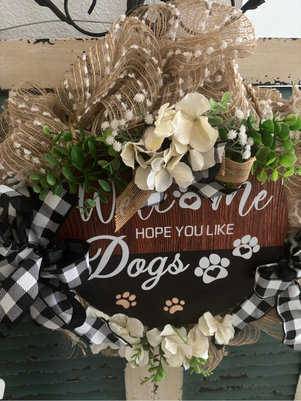 “Welcome” Hope You Like Dogs Burlap Mesh Floral Wreath Custom Design Final Sale